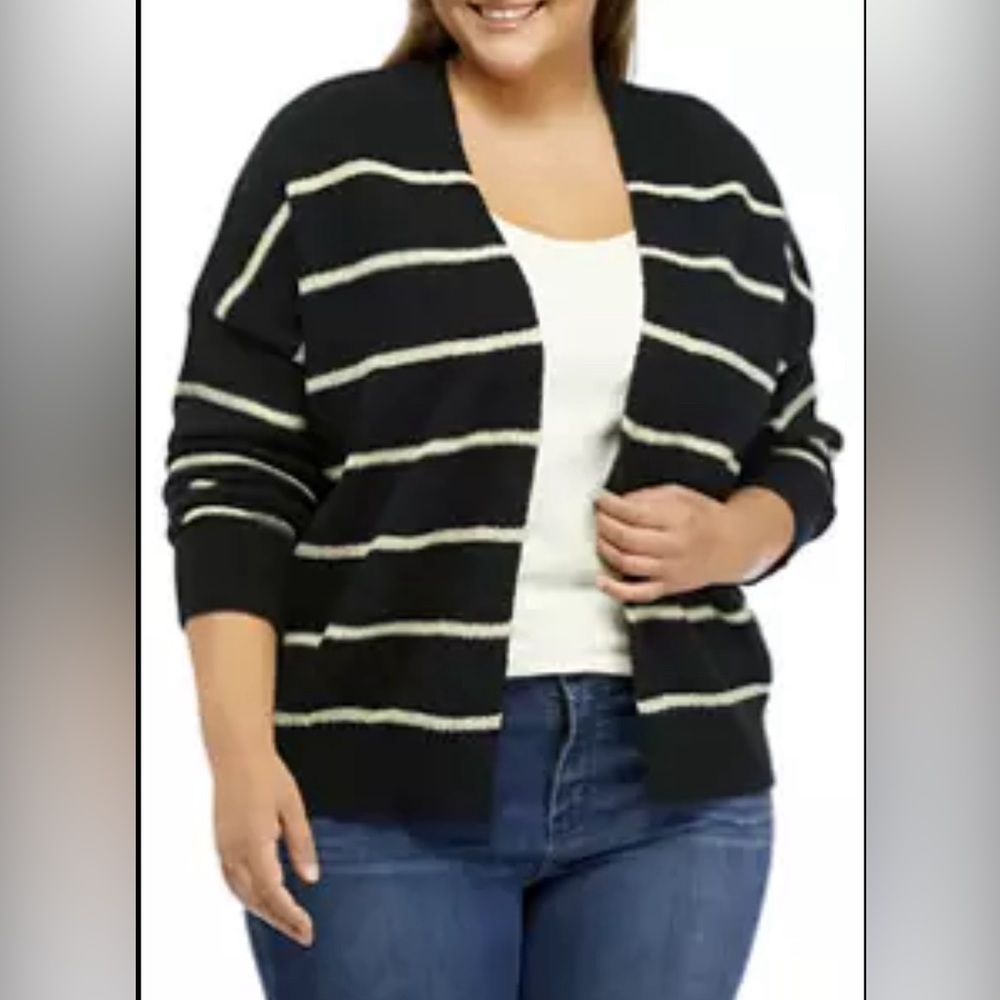 TRU Self Womens Black White Striped Open Front Cardigan‎ Sweater Plus Size 0X